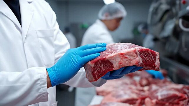 Food safety inspector wearing blue nitrile gloves and a white lab coat carefully examines a large cut of raw red beef primal during meat processing.