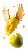 A creative image of mango slices and chunks flying through the air on transparent background