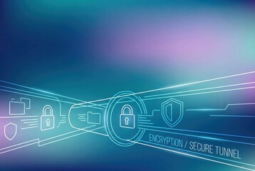 Abstract digital tunnel illustration representing encryption and secure data transmission methods featuring stylized locks and protective shields in a futuristic and streamlined design