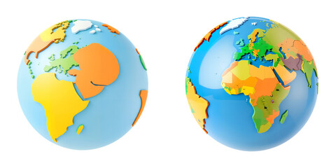 Two colorful globe illustrations of the Earth from space on transparent background