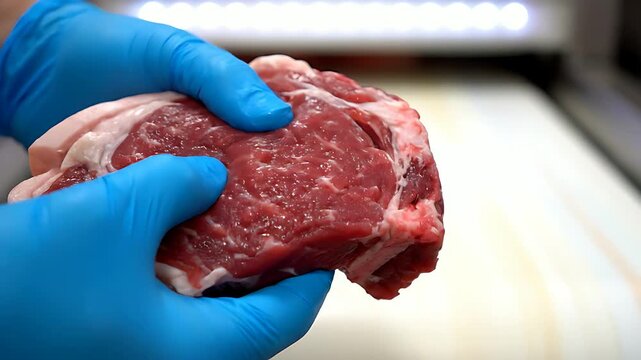 Butcher wearing bright blue nitrile gloves carefully inspects a thick, marbled, raw red beef steak cut before preparation in a professional kitchen setting
