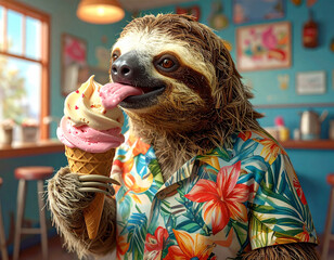 Obraz premium Faultier im Hawaihemd leckt ein Eis in der Eisdiele