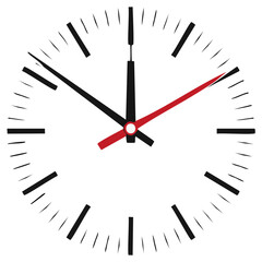 Modern analog clock face showing precise time with sharp black and red hands against a clean white background