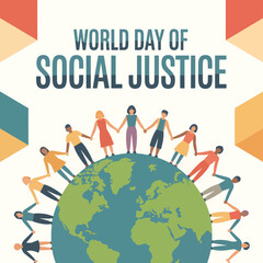 World Day of Social Justice with Diverse People Holding Hands Around the Globe diversity