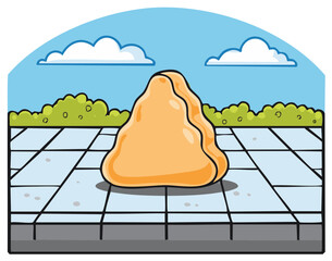 Illustration of a large gumdrop candy on a tiled patio with bushes and clouds against a blue sky background