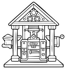Cartoon illustration of a mechanical device with architectural elements.