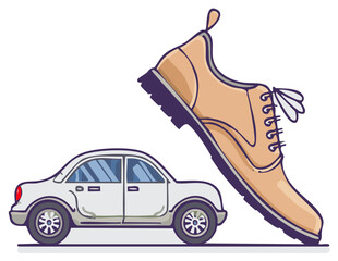 Giant shoe about to crush small car in humorous exaggerated danger concept