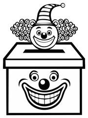 Black and white illustration of a box with a clown's face and a clown popping out of it with a smile