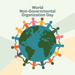 Colorful human figures holding hands around a globe, celebrating world Non- Governmental Organization Day