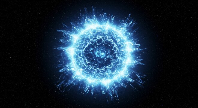 Blue energy explosion in outer space with bright light and electric bolt effect. Power and cosmic energy concept for science, technology, or abstract design.
