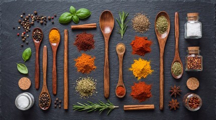 A colorful arrangement of spices and herbs presented on wooden spoons, with a dark backdrop. The scene evokes a feeling of freshness, flavor, and culinary exploration. 