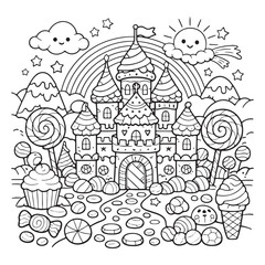 Fototapeta premium Candy Castle Coloring Page, Sweet Fantasy Line Art for Kids