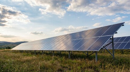 Solar panel array absorbing sunlight under a cloudy sky, showcasing a commitment to clean energy