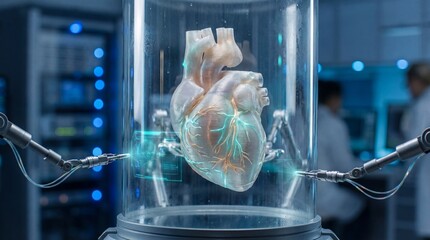 A futuristic and transparent container displays a glowing human heart, a symbol of cutting-edge technology and medical progress.