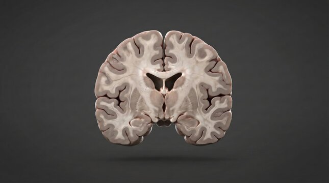 Coronal view of a human brain slice, showcasing the intricate structure of the cerebral cortex and ventricles.