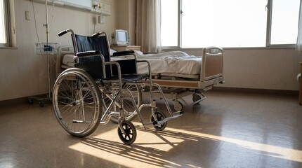 A wheelchair sits in a hospital room, a symbol of care and healing