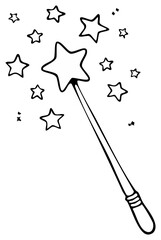 Hand drawn magical wand emitting sparkling stars with whimsical swirls and dots
