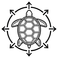 Obraz premium Stylized Sea Turtle with Navigational Compass Rose Arrows Indicating Directions