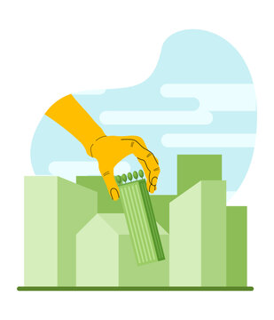Hand placing green building with trees on roof for sustainable living, Green city planning and sustainable real estate development, net zero concept illustration.