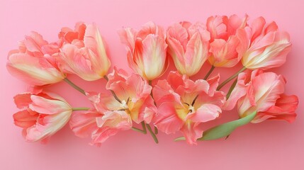 Delicate arrangement of pastel pink tulips on a soft pink monochromatic background