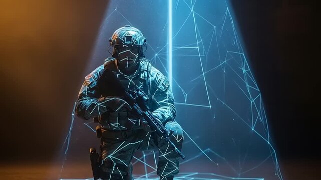 Soldier in military uniform with rifle surrounded by futuristic digital network hologram.