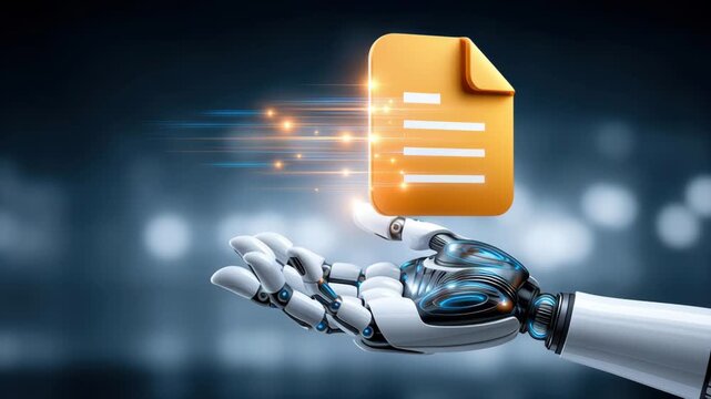 Robotic Hand Holding Yellow Digital Document Icon Efficient Data File Management Automation