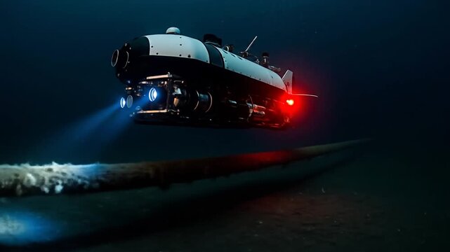 Underwater Vehicle Inspecting Pipeline with Bright Blue and Red Lights