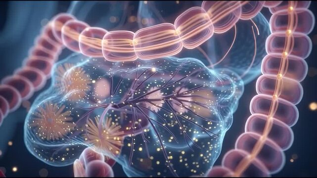 Human Intestine with Viruses and Bacteria.