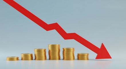 Gold coins with decreasing stacks and a red downward arrow