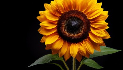 Fototapeta premium Close Up Of A Vibrant Sunflower Bright Yellow Petals Surround A Dark Brown Center Green Leaves Emerge From A Sturdy Stem Isolated Against A Black Background