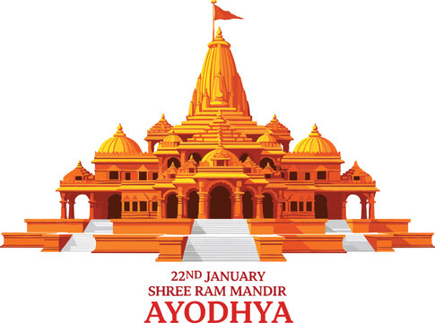 Shree Ram Mandir Ayodhya vector illustration with grand temple architecture celebration for inauguration on twenty second january