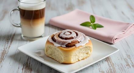 Sweet cinnamon roll with white icing and layered coffee drink on white plate