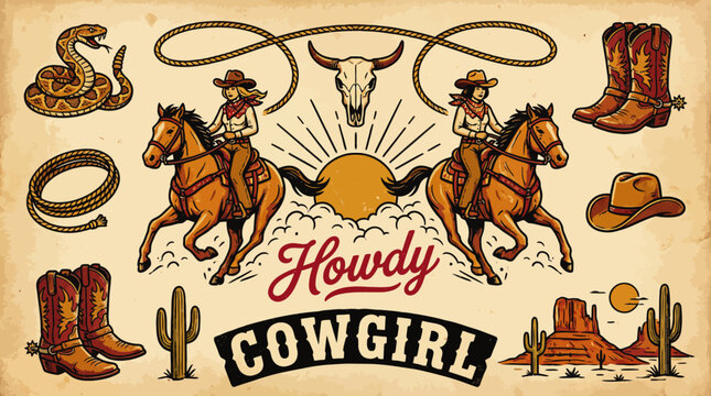 Vintage Howdy Cowgirl illustration with cowboys on horseback, boots, hats, cactus in a desert western scene