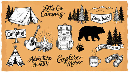Let's Go Camping: A detailed illustrated outdoor scene with tent, backpack, bear, campfire, and pine forest motifs for adventure and exploration © Sultan Desain