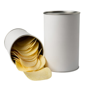 Delicious Golden Potato Chips Partially Spilled from a Tilted Blank White Cylindrical Cardboard Tube Container on a White Background