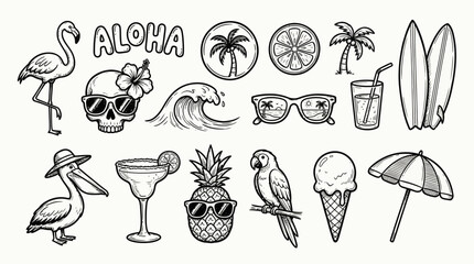 Tropical beach doodles set featuring flamingo, palm trees, pineapple, sunglasses, cocktail, surfboard and aloha icons in playful hand-drawn style © Sultan Desain