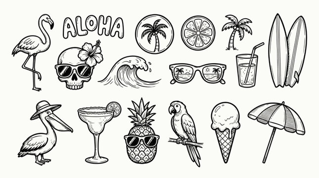 Tropical beach doodles set featuring flamingo, palm trees, pineapple, sunglasses, cocktail, surfboard and aloha icons in playful hand-drawn style