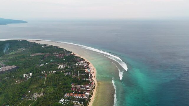 Aerial view of the Gili Islands off the coast of Lombok, Indonesia. The Gilis are a popular holiday destination for tourists visiting Bali and Lombok.	
