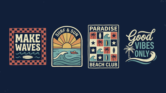 Retro beach club patch and sticker set with waves, palm trees, paradise vibes, and good vibes typography.