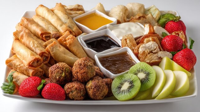 Mixed Snack Plate with Spring Rolls, Falafel, Fruits and Sauces