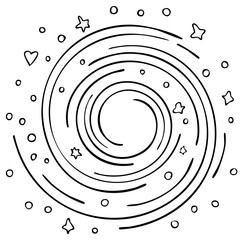 Abstract vortex swirling with stars and hearts, hand-drawn illustration.