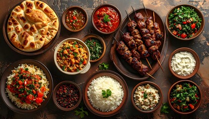 Fototapeta premium Assorted Middle Eastern delicacies displayed on rustic wooden table with various dishes, kebabs, rice, salads, dips, and breads, captured from directly above