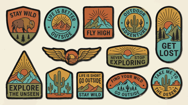 Collection of vintage-style travel patches and badges celebrating outdoor exploration, hiking, camping, and adventure.