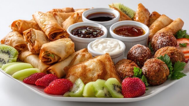 Mixed Snack Plate with Spring Rolls, Falafel, Fruits and Sauces