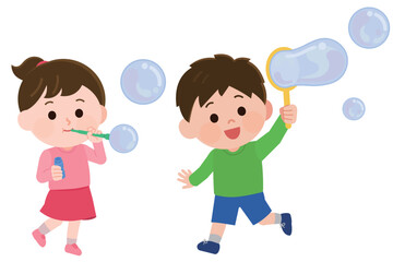 シャボン玉で遊ぶ男の子と女の子　イラスト