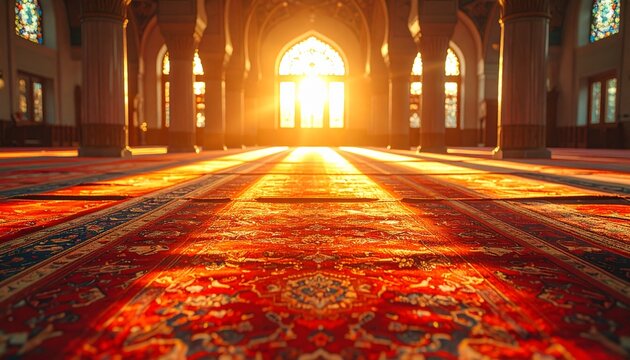 A serene mosque interior with a vibrant red carpet and arched windows, illuminated by a warm golden light from the entrance doorway.