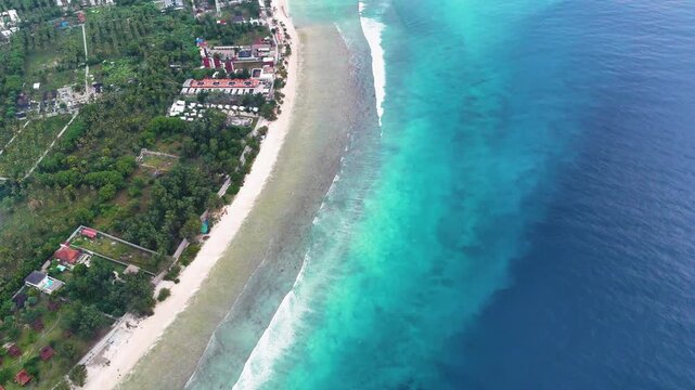 Aerial view of the Gili Islands off the coast of Lombok, Indonesia. The Gilis are a popular holiday destination for tourists visiting Bali and Lombok.	
