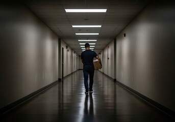 Fototapeta premium Man walking down a long, empty corridor carrying a box