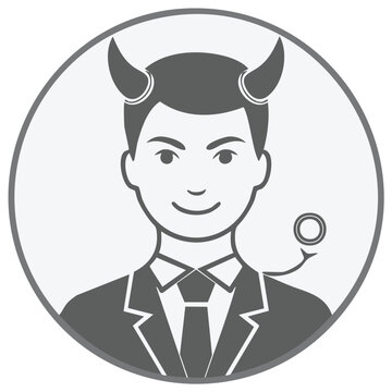 Business Devil Avatar: Young man in suit with devil horns and tail in round frame for profile design, mascot.