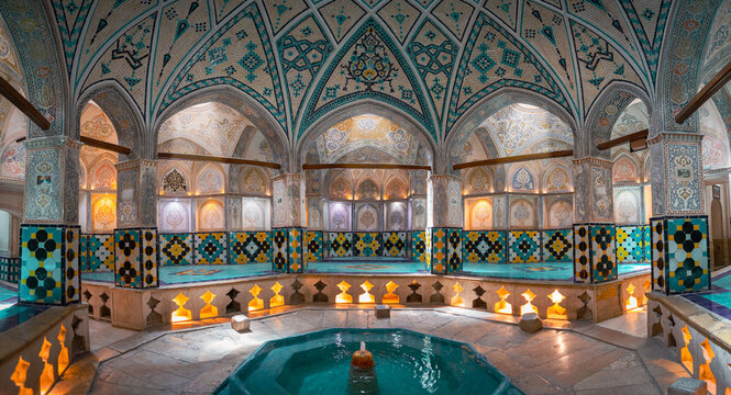 Kashan, Iran - 9 3 2024: Panoramic view of Sultan Amir Ahmad historical bathhouse belongs to the Safavid era.